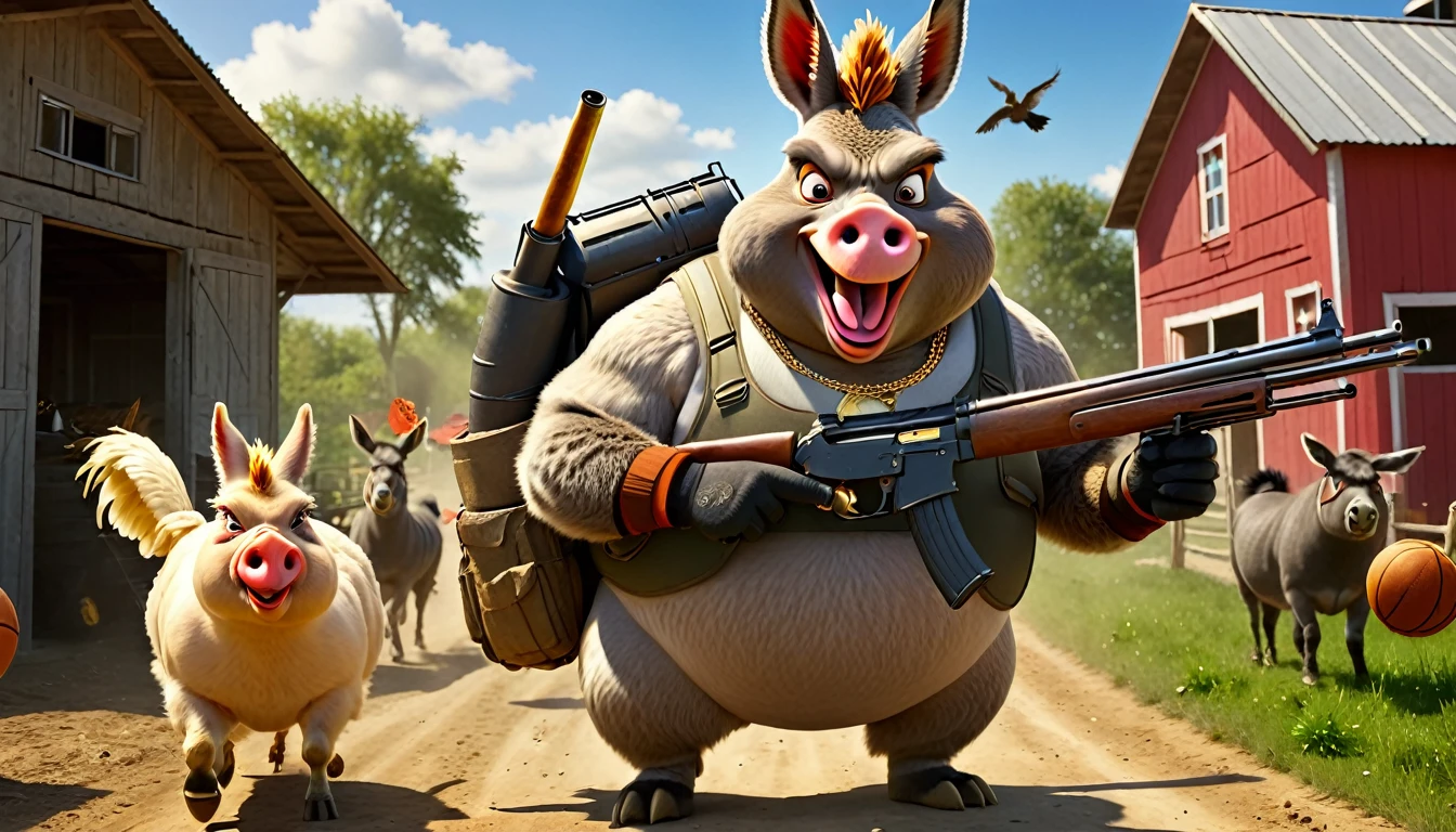 An angry hen with a pistol in its hand is coming towards the camera. Beside it, on the right, is a fat pig with gold necklaces, sunglasses, a cigarette, and a shotgun. On the left, a laughing donkey in a basketball suit holds an AK-47. They are on a farm, surrounded, Realistic, Full HD, Best Quality