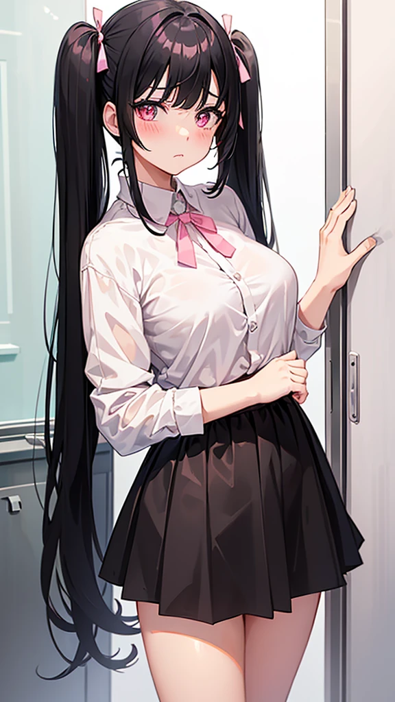 One girl, Black Hair, Twin tails, Very long hair, Bangs, Large Breasts, Blushing, Pink eyes, Slanted Eyes, Shy, I want to cry, Frowning, Pink ribbon, Young,Pink underwear