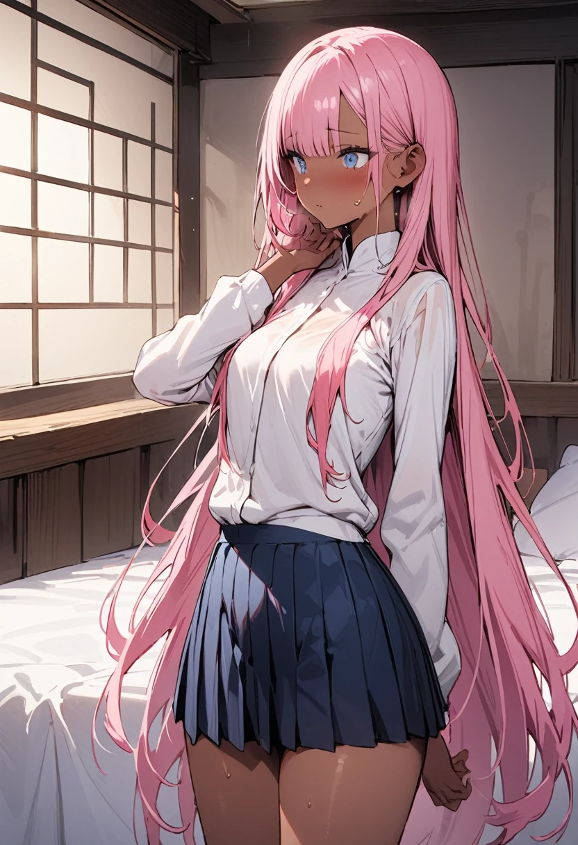 ((masterpiece,Highest quality:1.3,best quality illustration)),cowboy shot,独奏,1woman,(Mature Beauty),pink hair,straight long hair,bangs,light blue eyes,(gorgeous eyes),((very small head:1.3)),shy,((very long body:1.2,skinny)),(tan skin),small breasts,(Pink baseball jacket、Navy blue pleated mini skirt),gleaming skin,oily skin,slender body,sweat,standing,Simple bed、Simple hotel bedroom、nsfw,