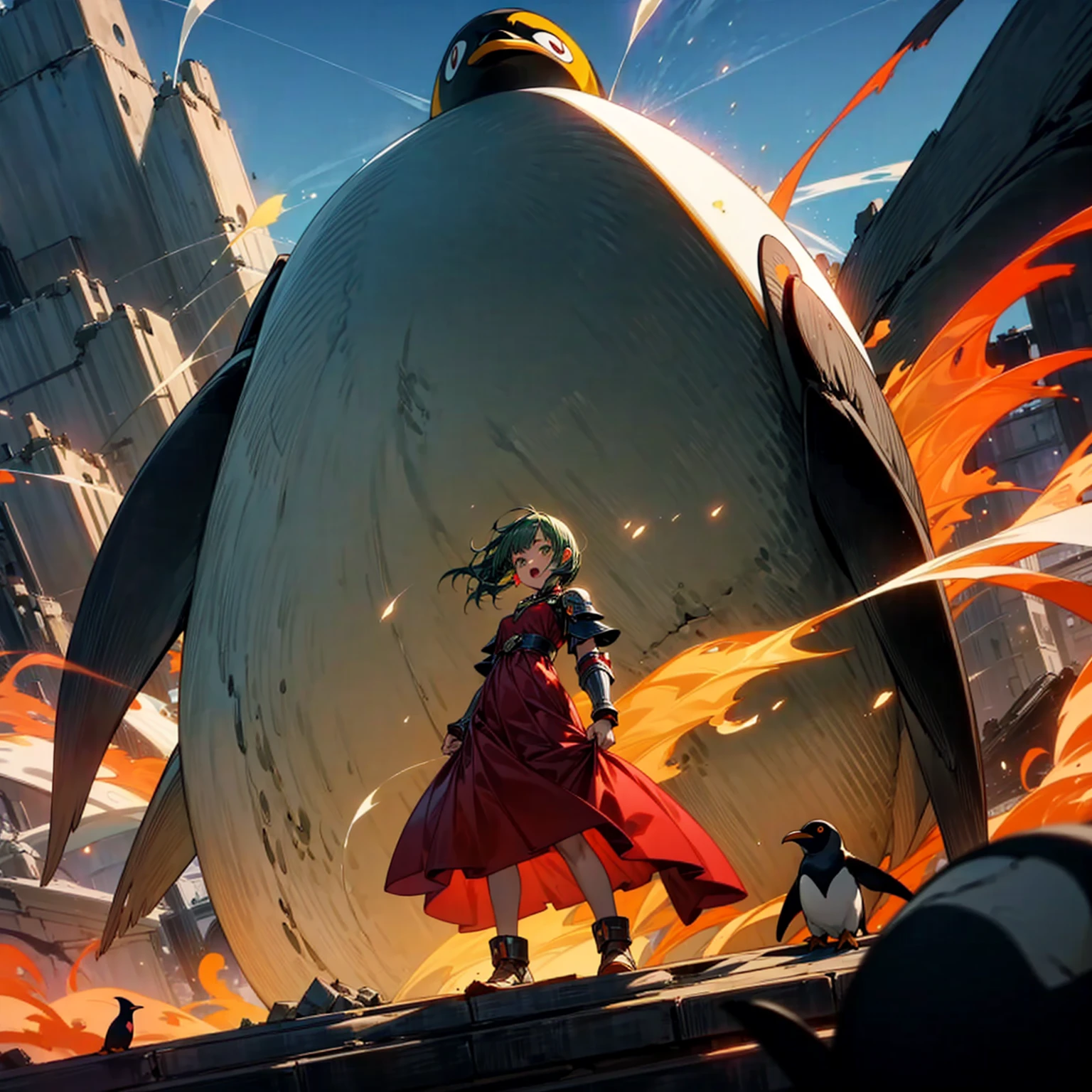Full body version, one girl sat on his back largest one penguin, one girl has green hair, wavy bob hairstyle, green eyes, red cheeks, red earrings, long dress clothing style, red color clothes, Meanwhile, the penguin is very big, largest body, muscles, Metallic armor in body, wearing head armor, angry penguins, penguins destroy the city, open mouth emitting a large fire laser), (full background of destroyed city, fire, smoke effect, evening silhouette light, bright light from the penguin mouth)
