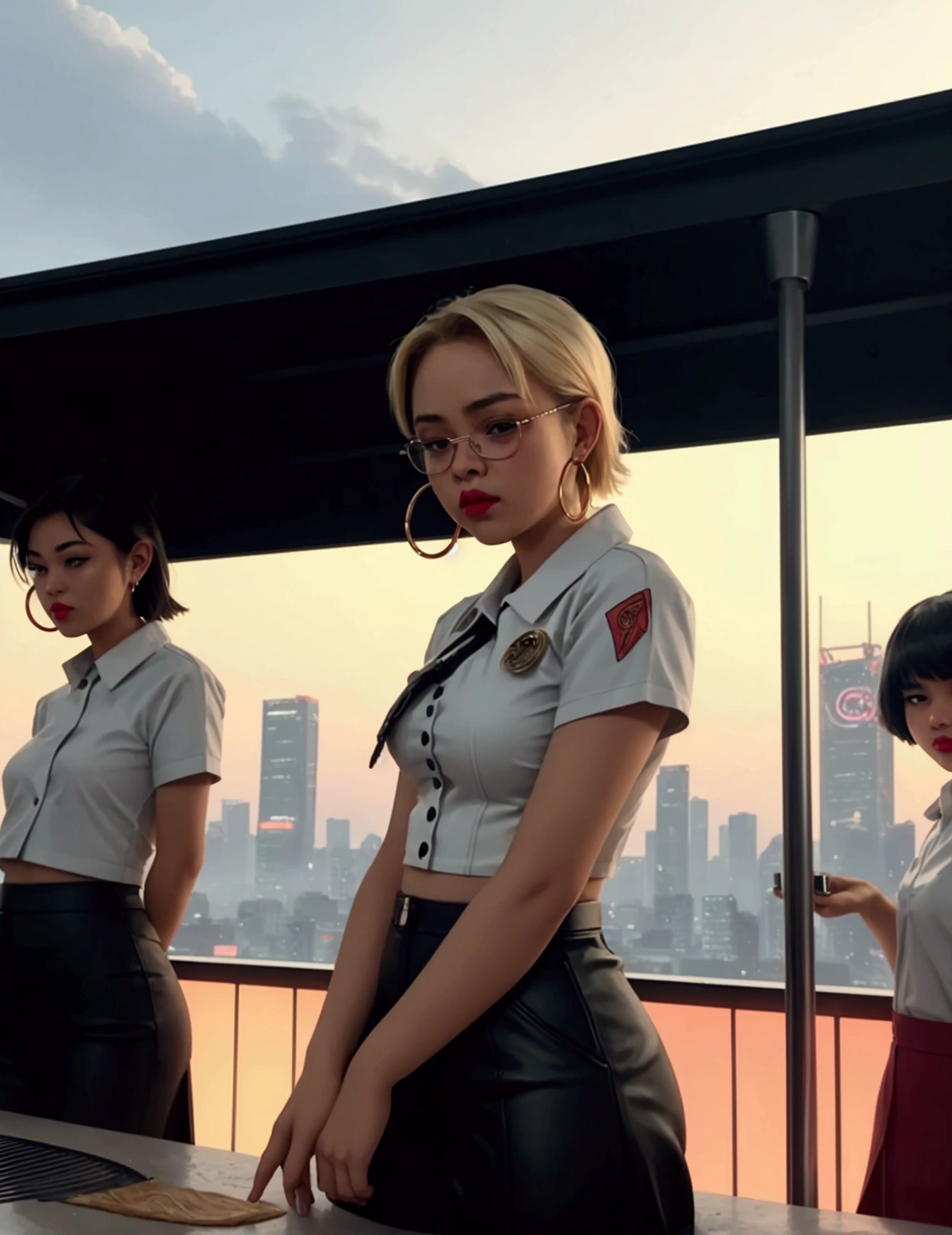1 girl, (((Beautiful and brainless))),hoop earrings, Swollen lips, painted lips, thick lips.
blonde hair, short twin, wide hips, thick thighs, Explosive bust nightlife, night city, cyberpunk city, future city scenery. neon light, (skyscraper:1.1), Tokyo Tower, palm tree, cloth label, Ramen stall, Nightclub. bright city lights, exotic car. alcohol, bar, Ramen, Soup stall ,alcohol bottles,Take off your clothes and put on glasses.