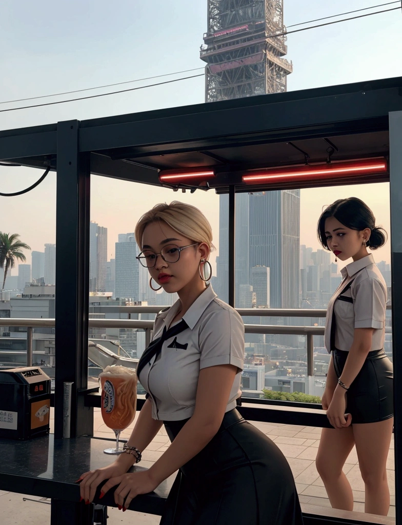 1 girl, (((Beautiful and brainless))),hoop earrings, Swollen lips, painted lips, thick lips.
blonde hair, short twin, wide hips, thick thighs, Explosive bust nightlife, night city, cyberpunk city, future city scenery. neon light, (skyscraper:1.1), Tokyo Tower, palm tree, cloth label, Ramen stall, Nightclub. bright city lights, exotic car. alcohol, bar, Ramen, Soup stall ,alcohol bottles,Take off your clothes and put on glasses.