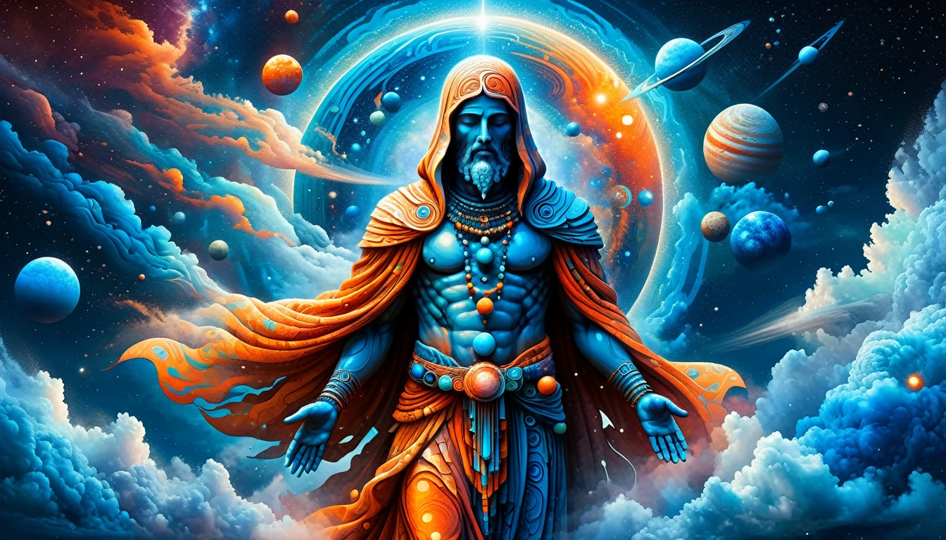 Create a woodcut style image digital art surreal art that depicts a mystical figure with divine characteristics, the figure is one chosen by the gods of spirituality,the figure is shrouded in clouds looking at the planets and ancestral signs, Use a vibrant color palette, including blue, oranges and whites, to create heavenly contrast and a stunning visual effect