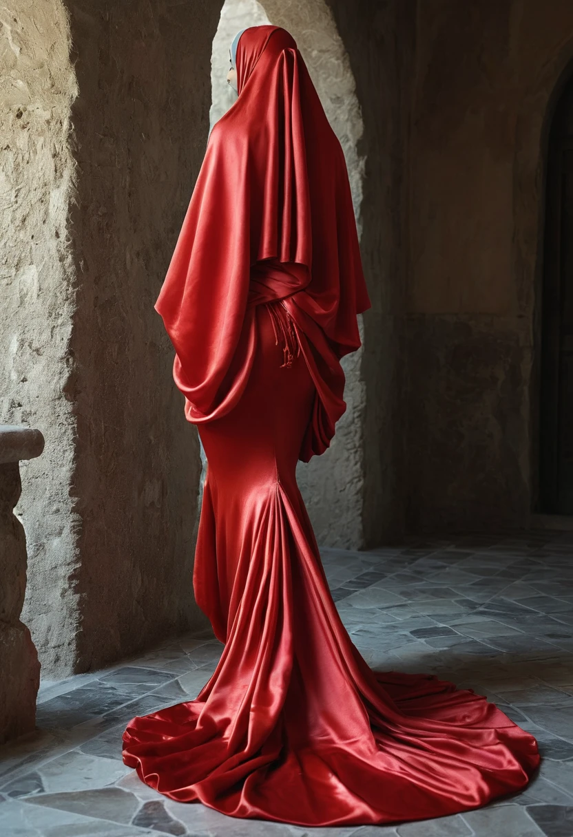 a sexy a woman covered in large red satin cloth, tied tightly with the satin cloth, mummified, the satin hanging down very long, a mermaid style dress, wearing a satin hijab, the satin cloth is very long, forming the curve of the body, flowy satin about 4 meter,full body,masterpice, 4k resolution, ultra-realistic, highly detail.