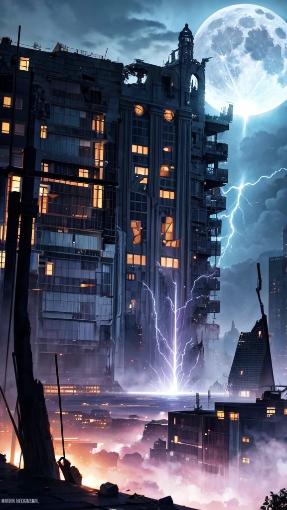 lightning strikes,Raby,fullmoon, destroyed city, craters 