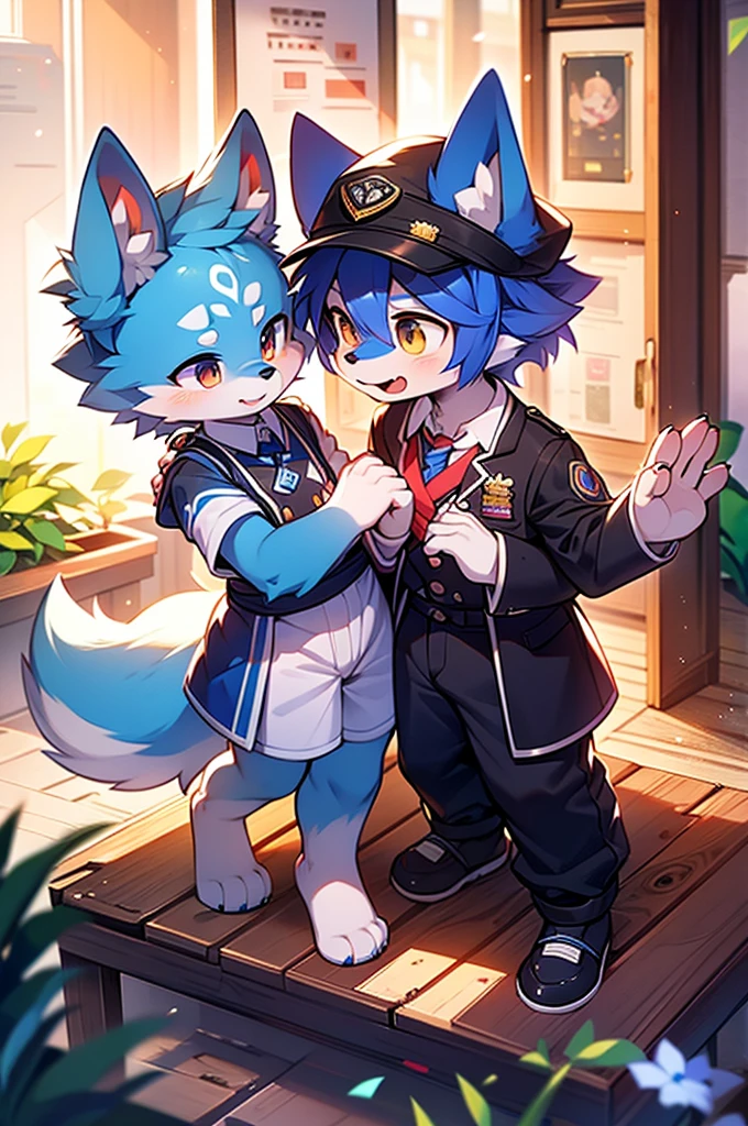 Blue fur,Canine,fox motif,Couple of girls and boys,uniform,Hand in hand,