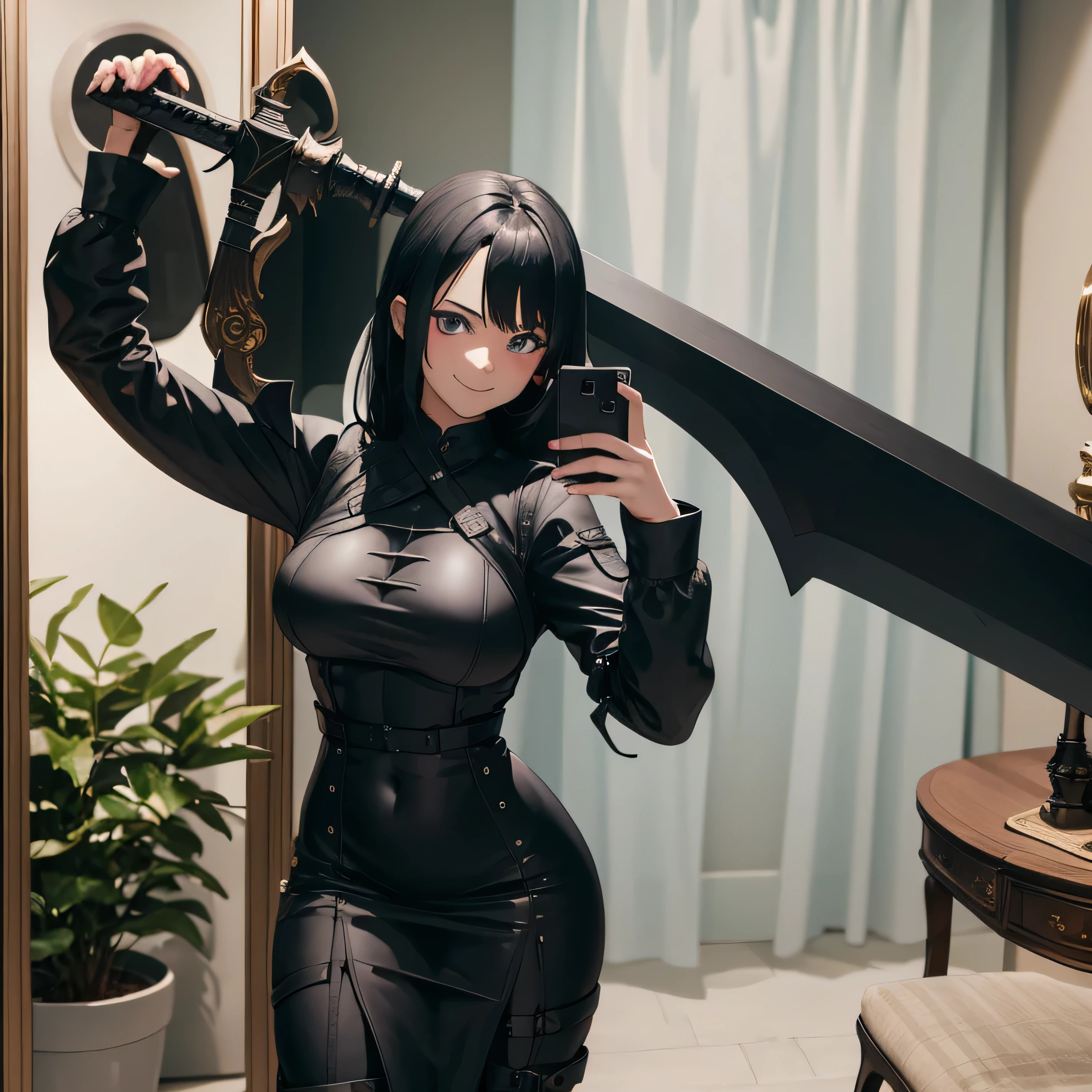 A girl with a big butt, she Has a huge sword, she smiling. She has black hair, your butt marked in dress, she he's taking a photo in the mirror.
