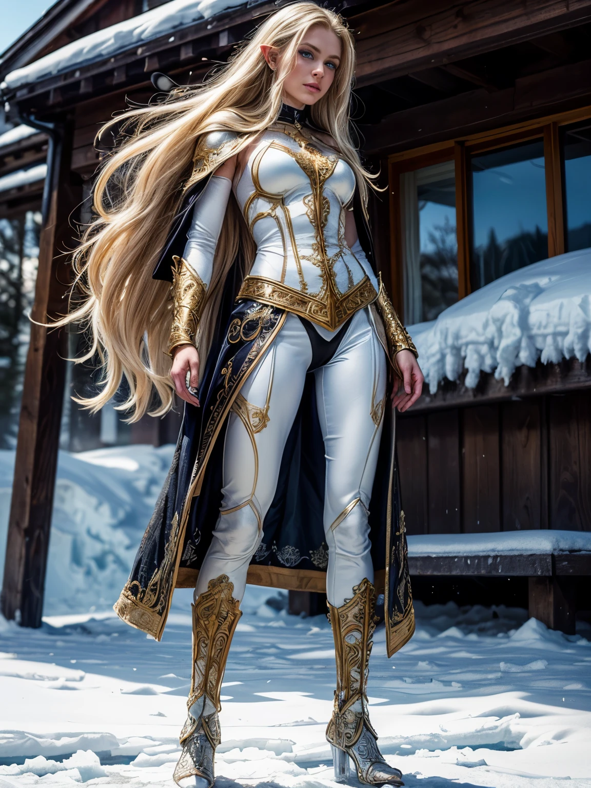 (masterpiece, photorealistic:1.4, extremely intricate:1.6), (photon mapping, radiosity, physically based rendering, ultra resolution, hyper-realistic, photorealistic:1.4, hyper-realistic, 8K, dtx), ((twentyfive elf female [bodybuilder:supermodel:0.2], (elven girl, ((lacquered white armor)), filigree, etched, white cloak, wind, windy, long straight [blonde hair:purple hair:0.8]), [iceblue eyes:green eyes:0.9]), [from below:side view:0.5]), outside, snowy mountain trail, outdoors, winter, cold, snow, Fantasy, (metal reflections)
