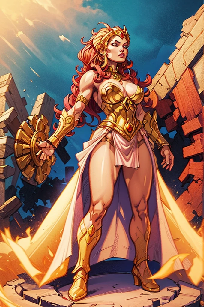 ((Full body photo, standing, on the ground)) masterpiece, best quality, high quality, SheRaQuiron character, panties, pink nipples, white robe, golden armor