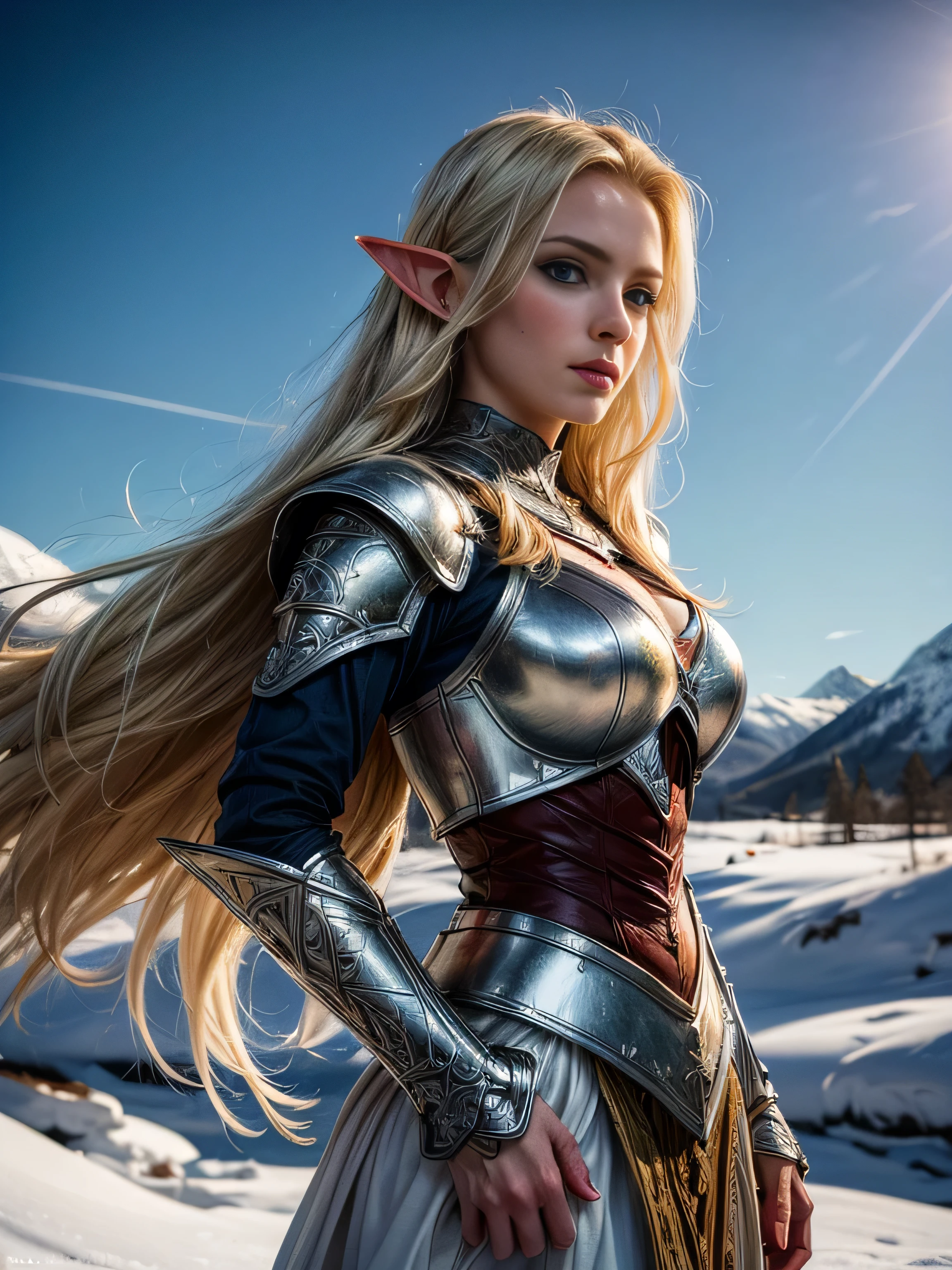 (masterpiece, photorealistic:1.4, extremely intricate:1.6), (photon mapping, radiosity, physically based rendering, ultra resolution, hyper-realistic, photorealistic:1.4, hyper-realistic, 8K, dtx), ((twentyfive elf female [bodybuilder:supermodel:0.2], (elven girl, ((lacquered white armor)), filigree, etched, white cloak, wind, windy, long straight [blonde hair:purple hair:0.8]), [iceblue eyes:green eyes:0.9]), [from below:side view:0.5]), outside, snowy mountain trail, outdoors, winter, cold, snow, Fantasy, (metal reflections)