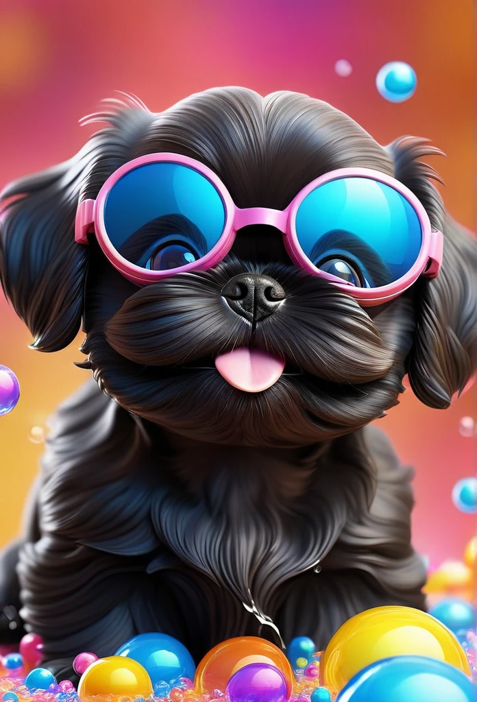 a tiny solid black shih tzu puppy, big bright blue eyes, wearing goggles and collars, covered in shampoo bubbles, happy, playful, vibrant colorful bubbles in background,(best quality,4k,8k,highres,masterpiece:1.2),ultra-detailed,(realistic,photorealistic,photo-realistic:1.37),puppy,dog,animal,adorable,cute,bubbles,shiny,glossy,vibrant colors,colorful,playful,happy,warm lighting,soft focus,shallow depth of field,detailed texture