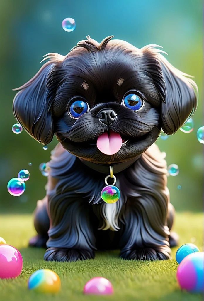 a tiny solid black shih tzu puppy, big bright blue eyes, wearing goggles and collars, covered in shampoo bubbles, happy, playful, vibrant colorful bubbles in background,(best quality,4k,8k,highres,masterpiece:1.2),ultra-detailed,(realistic,photorealistic,photo-realistic:1.37),puppy,dog,animal,adorable,cute,bubbles,shiny,glossy,vibrant colors,colorful,playful,happy,warm lighting,soft focus,shallow depth of field,detailed texture