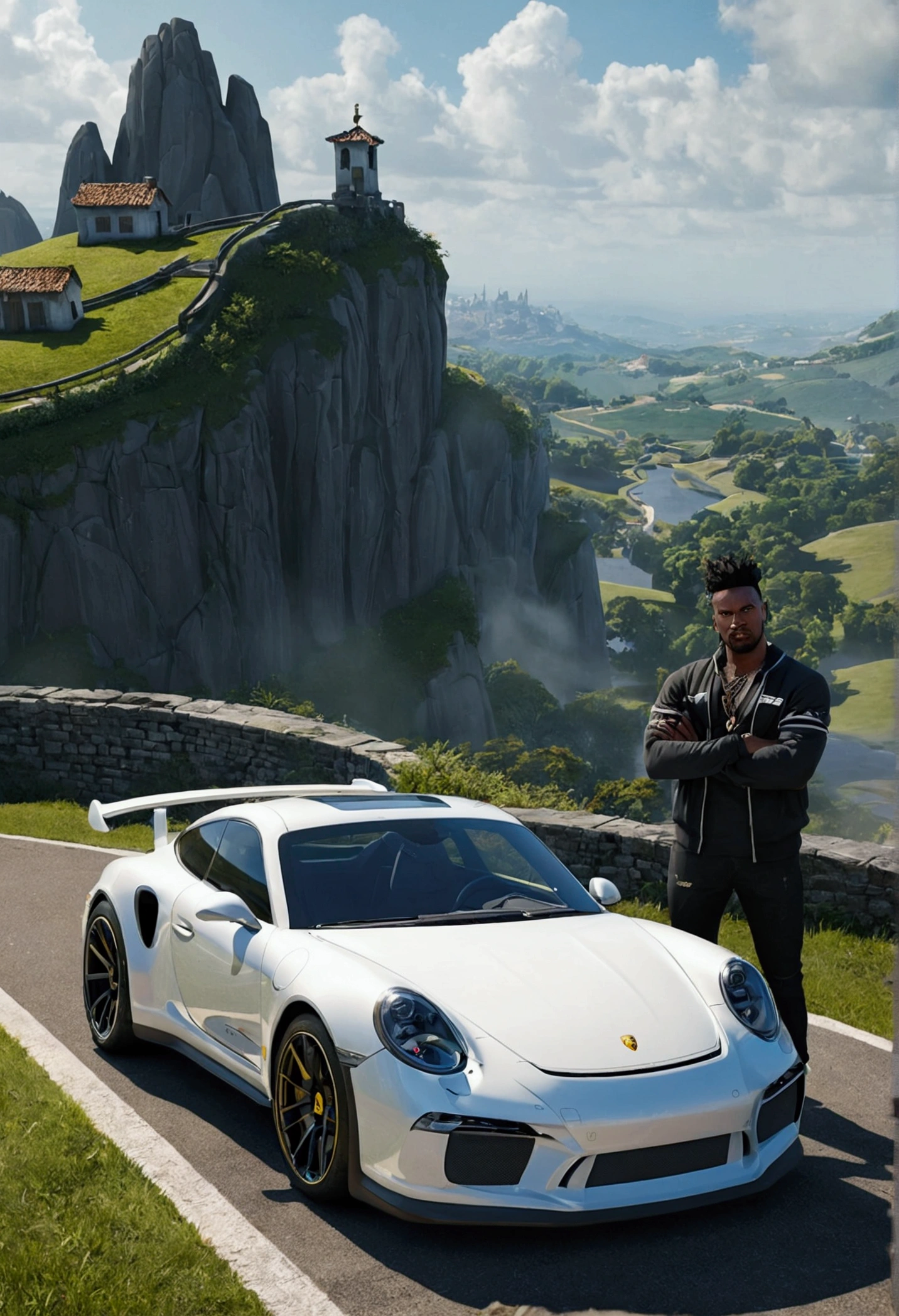 uma obra prima, 1 men, porshe, blackquality hair, looking at camera, epic landscape, mercy de overwatch pelada sentada em cima da porche