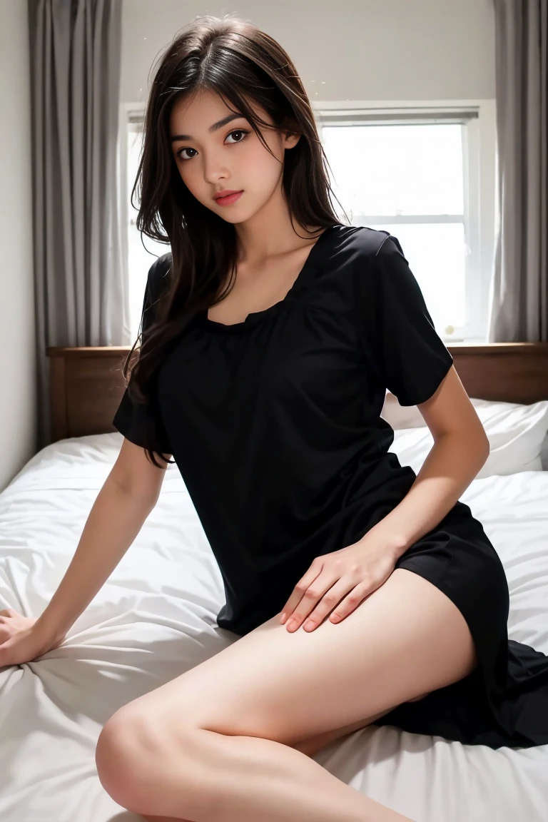 create a photography of a Malay girl, solo, lying on side on bed-deep sleep, wearing sexy sheer see through nightgown, full body view from side, starry sky view from window