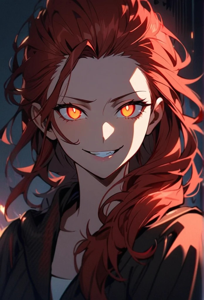 Handsome, solo, 1 girl, red hair, cyan eyes, 1 girl, beautiful, long hair, detailed, Hair Slicked Back, Messy Hair, Hair Over Shoulder, Glowing Light, Bright Pupils, Smirk, Wide-Eyed, Evil Smile, Amber Eyes,