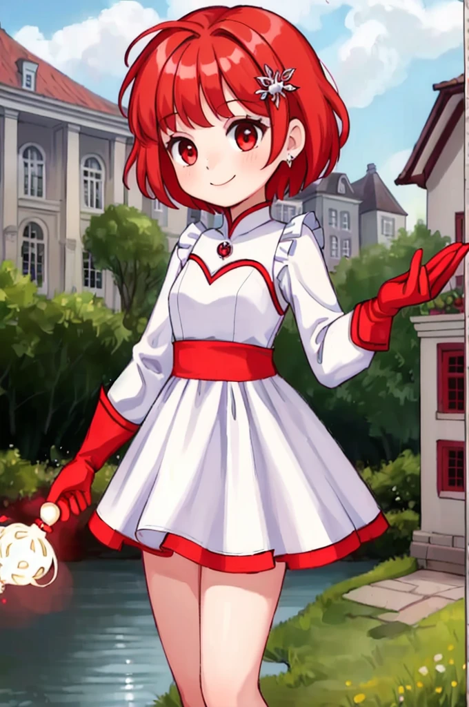 ((masterpiece,Best Quality)),8K Wallpaper,1 girl, short hair, Red hair, Alone, mini Transparent dress, Red eyes, looking at the viewer, long sleeves, standing, building, Transparent dress, gloves, hair ornament, smile, by the floating, dutch angle, Closed mouth, looking away, outdoor