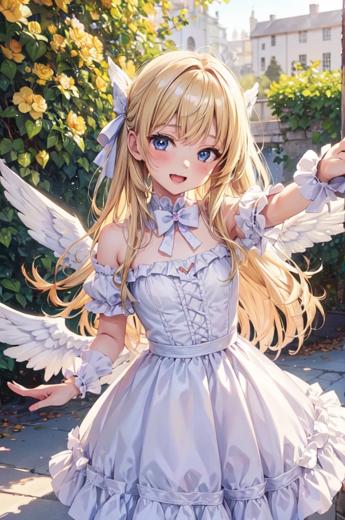 wht1,Absolute area,Open mouth smile,Beautiful background,best quality,masterpiece,Angel Girl, young,12 years old,Blonde with wings, Hart neckline,Holding a bow and arrow