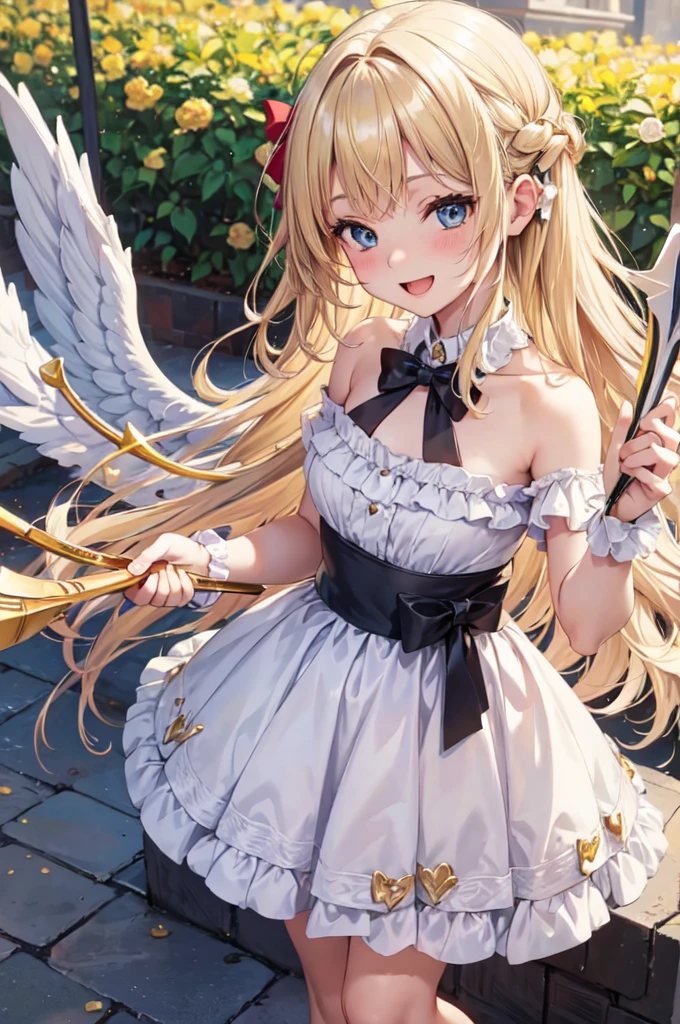 wht1,Absolute area,Open mouth smile,Beautiful background,best quality,masterpiece,Angel Girl, young,12 years old,Blonde with wings, Hart neckline,Holding a bow and arrow