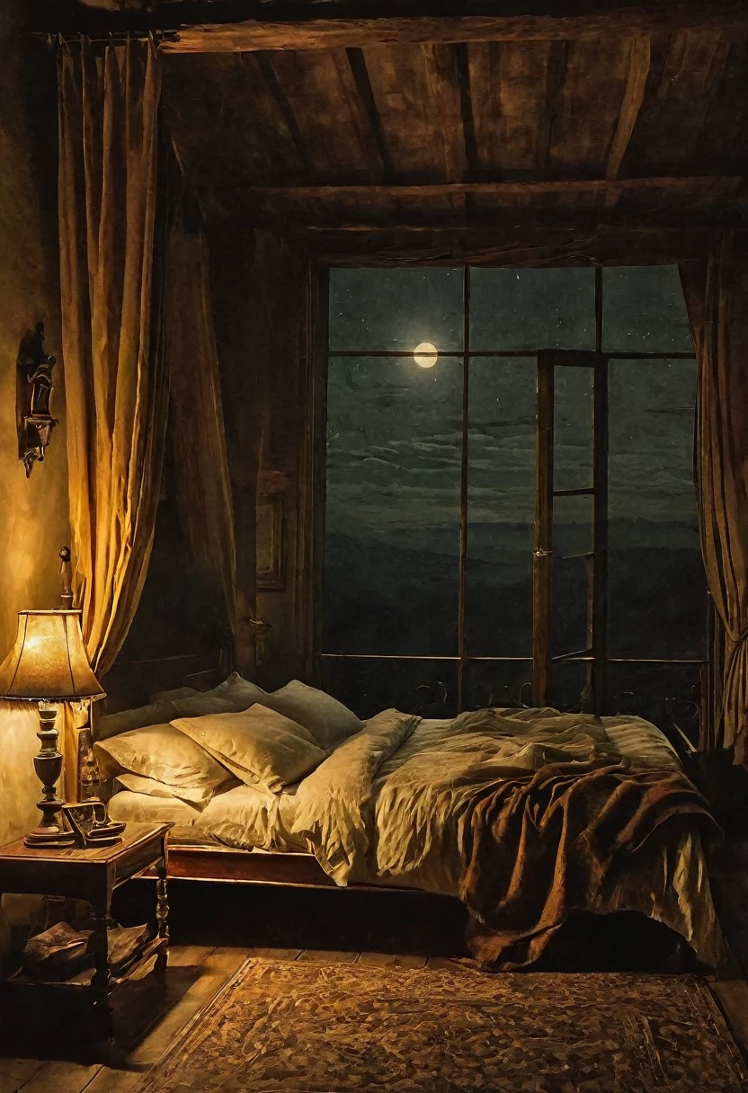 To those who go to bed -
Have a good night's sleep.
Good night grainy, eerie, decor, natural tones. Style of Albert Joseph Penaud,