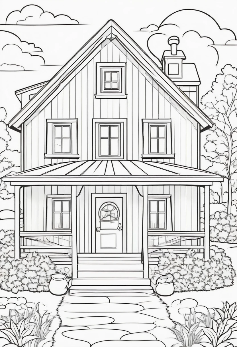 coloring page for kids, Cozy farmhouse, cartoon style, thick lines