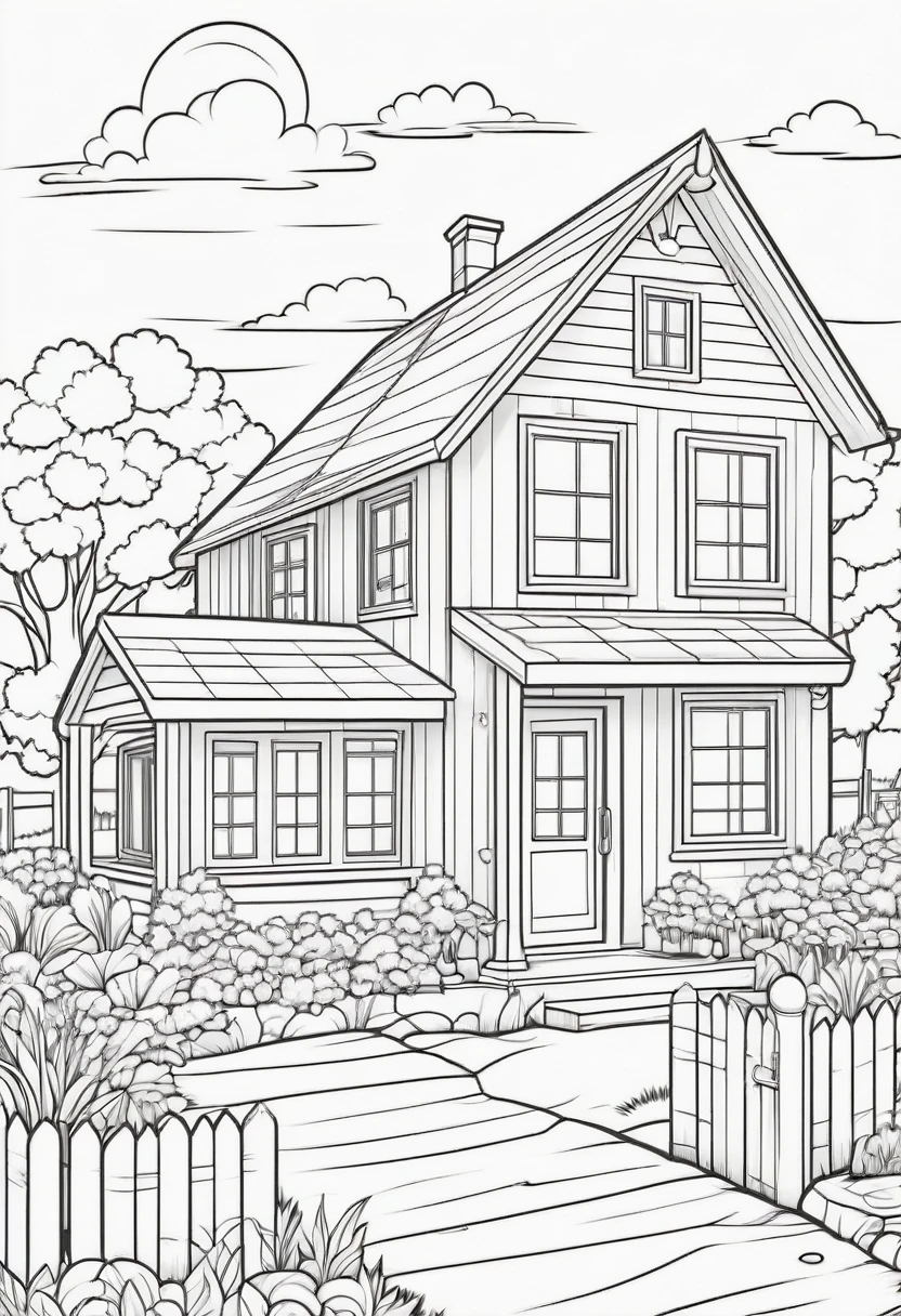 coloring page for kids, Cozy farmhouse, cartoon style, thick lines
