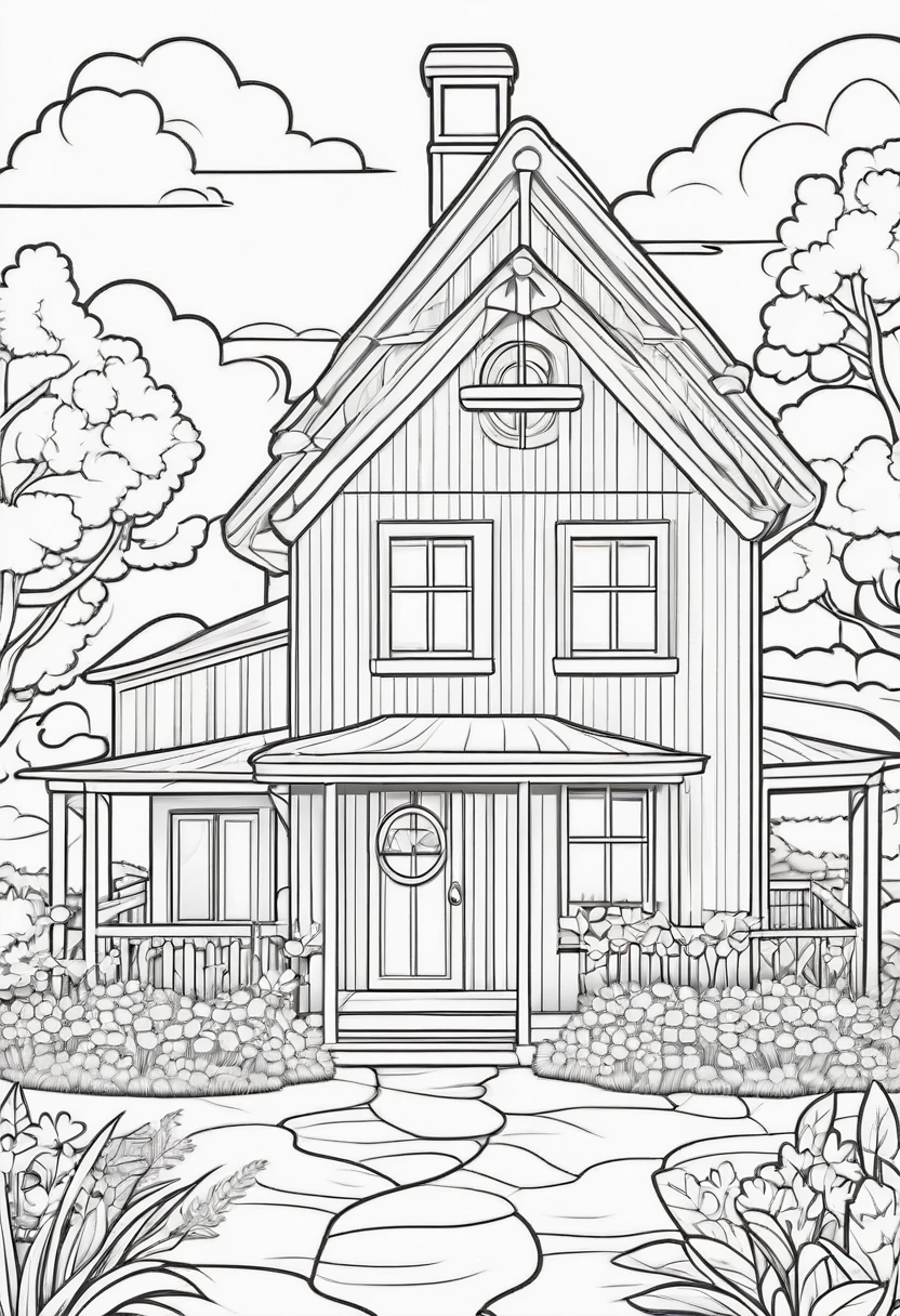 coloring page for kids, Cozy farmhouse, cartoon style, thick lines