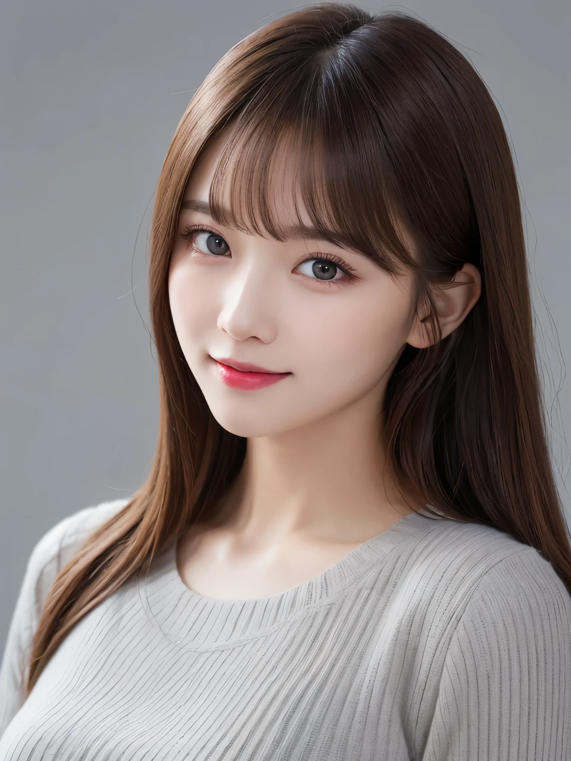 bust up photo, Shows everything from the top of the head to the bust, looks happy, highest quality, shape, Super detailed, finely, High resolution, 8k wallpaper, Perfect dynamic shape, beautiful and detailed eyes, D cup, natural color lip,smile、20 year old girl, Beautiful and dense face、perfect and beautiful face,Big eyes、real photos（best image quality）, blouse (light gray)、looking at camera、Please stand、Do gal makeup, white background