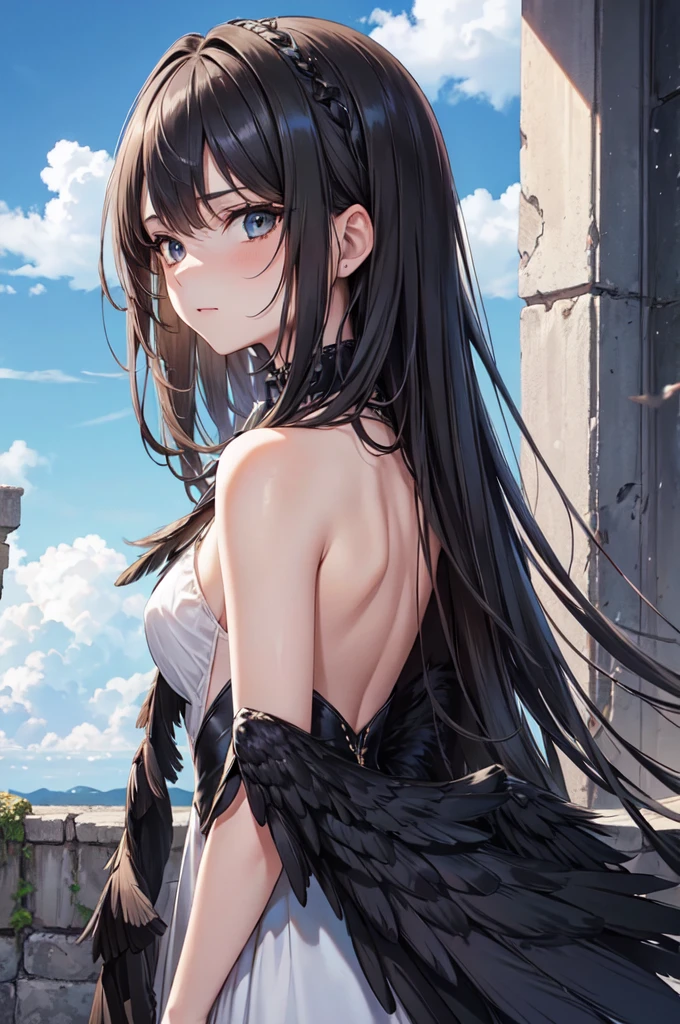 masterpiece, Angel Girl, young，12 years old，Brunette with wings, Hart neckline，Black dress with feathers, Close-up portrait, Delicate face, Lots of black feathers, silver，Black Wings, Blue sky, cloud, castle, whole body,(Cover Style:1.3)，anger，Veins popping out，fury ，ruins
