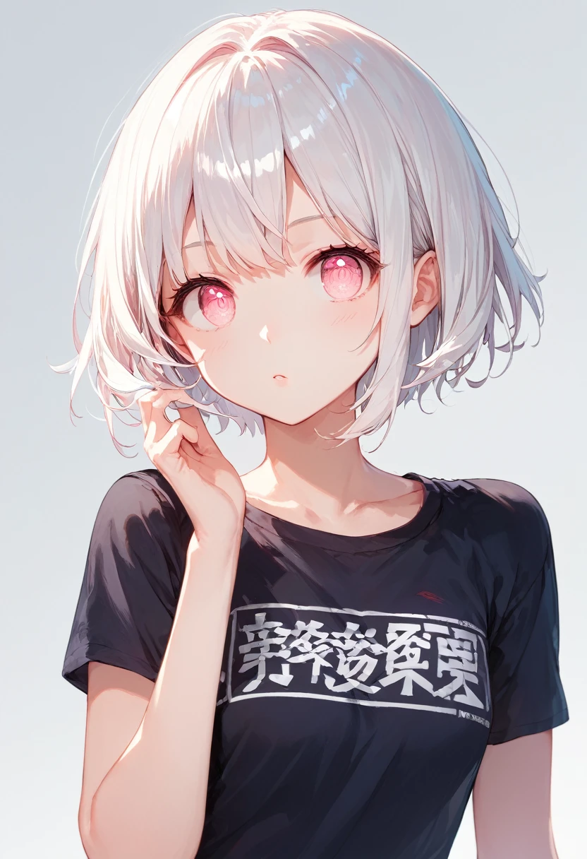 score_9, score_8_up, score_7_up,source_anime, high res image,masterpiece,best quality,girl,cute face,clear skin,shiny hair,ultra detailed eyes,simple background, jyojipan, bottomless, white hair, short hair, pink eyes,