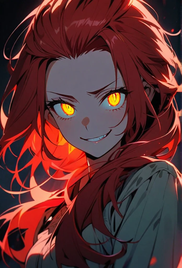 Handsome, solo, 1 girl, red hair, light green eyes, 1 girl, beautiful, long hair, detailed, Hair Slicked Back, Messy Hair, Hair Over Shoulder, Glowing Light, Bright Pupils, Smirk, Wide-Eyed, Evil Smile, Amber Eyes,