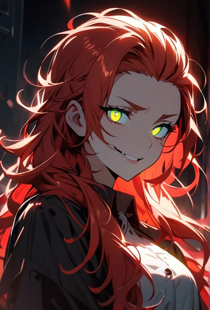 Handsome, solo, 1 girl, red hair, light green eyes, 1 girl, beautiful, long hair, detailed, Hair Slicked Back, Messy Hair, Hair Over Shoulder, Glowing Light, Bright Pupils, Smirk, Wide-Eyed, Evil Smile, Amber Eyes,