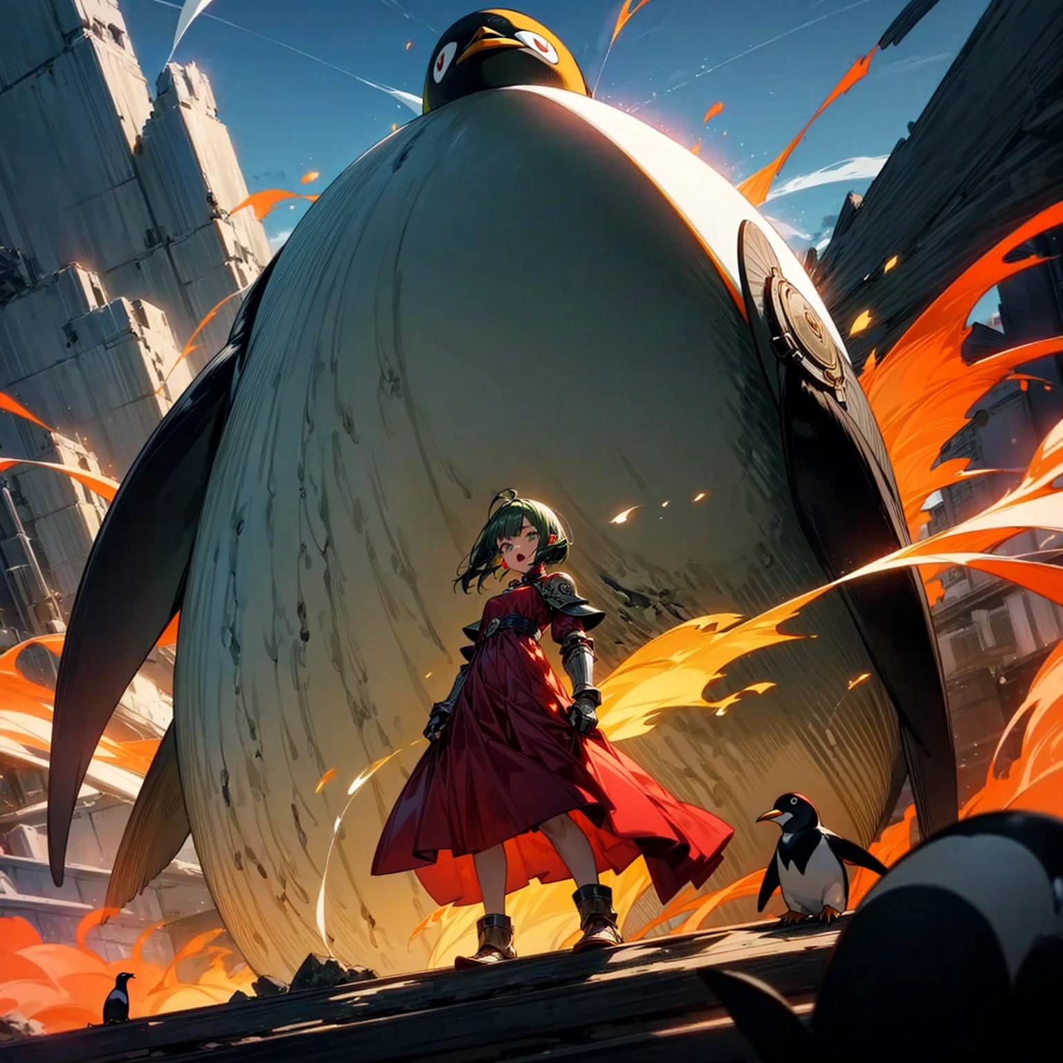 Full body version, one girl sat on his back largest one penguin, one girl has green hair, wavy bob hairstyle, green eyes, red earrings, long dress clothing style, red color clothes, Meanwhile, the penguin is very big, largest body, muscles, Metallic armor in body, wearing head armor, angry penguins, penguins destroy the city, open mouth emitting a large fire laser), (full background of destroyed city, fire, smoke effect, evening silhouette light, bright light from the penguin mouth)