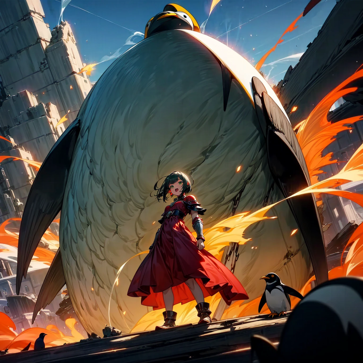 Full body version, one girl sat on his back largest one penguin, one girl has green hair, wavy bob hairstyle, green eyes, red earrings, long dress clothing style, red color clothes, Meanwhile, the penguin is very big, largest body, muscles, Metallic armor in body, wearing head armor, angry penguins, penguins destroy the city, open mouth emitting a large fire laser), (full background of destroyed city, fire, smoke effect, evening silhouette light, bright light from the penguin mouth)