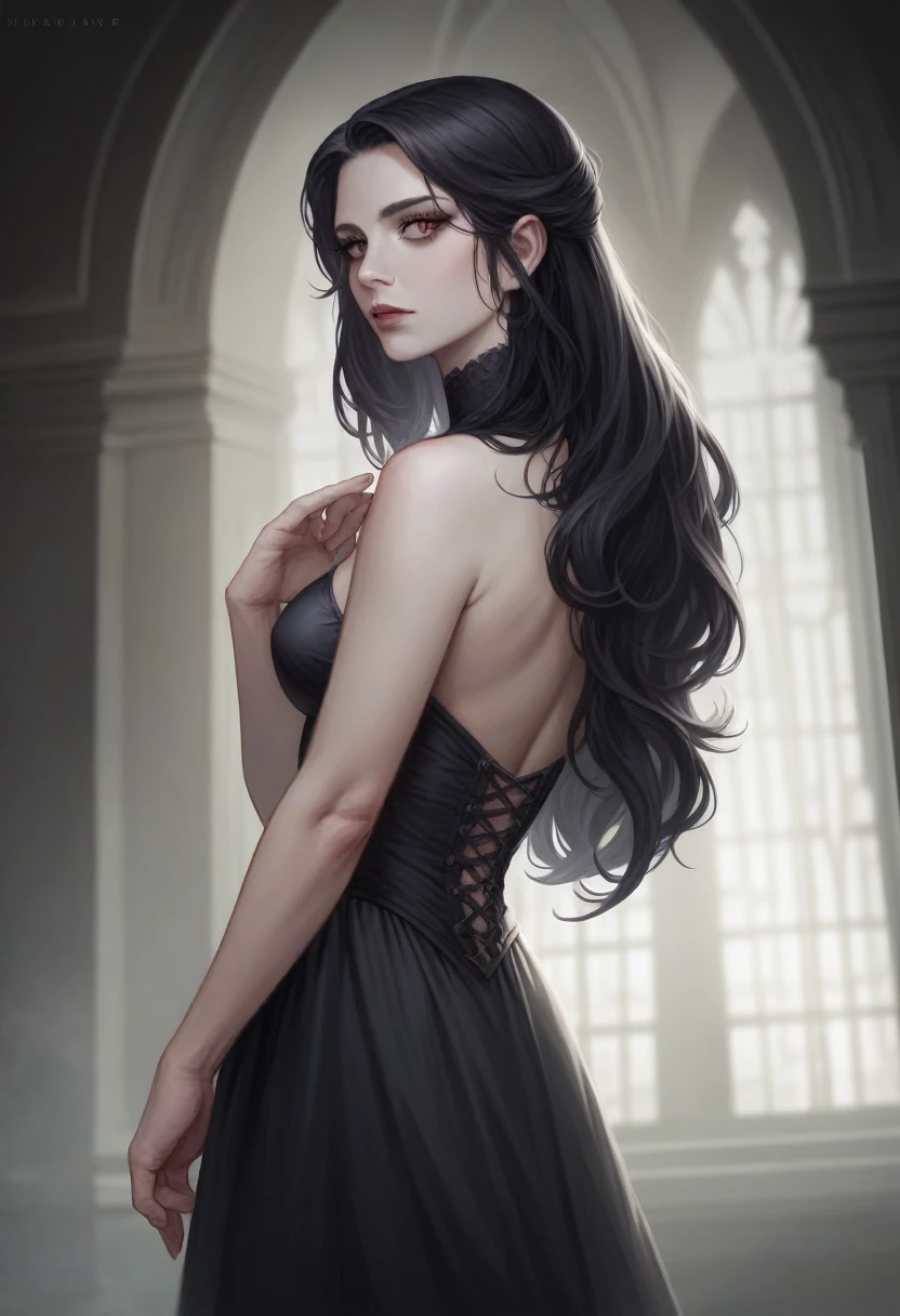 a beautiful vampire girlfriend, detailed face and eyes, long eyelashes, porcelain skin, flowing dark hair, elegant gothic dress, dramatic lighting, moody atmospheric colors, fantasy setting with mist and moonlight, (best quality,4k,8k,highres,masterpiece:1.2),ultra-detailed,(realistic,photorealistic,photo-realistic:1.37)