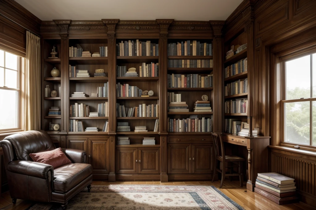 Cozy room, with a shelf full of books and some items on the shelf related to history.
