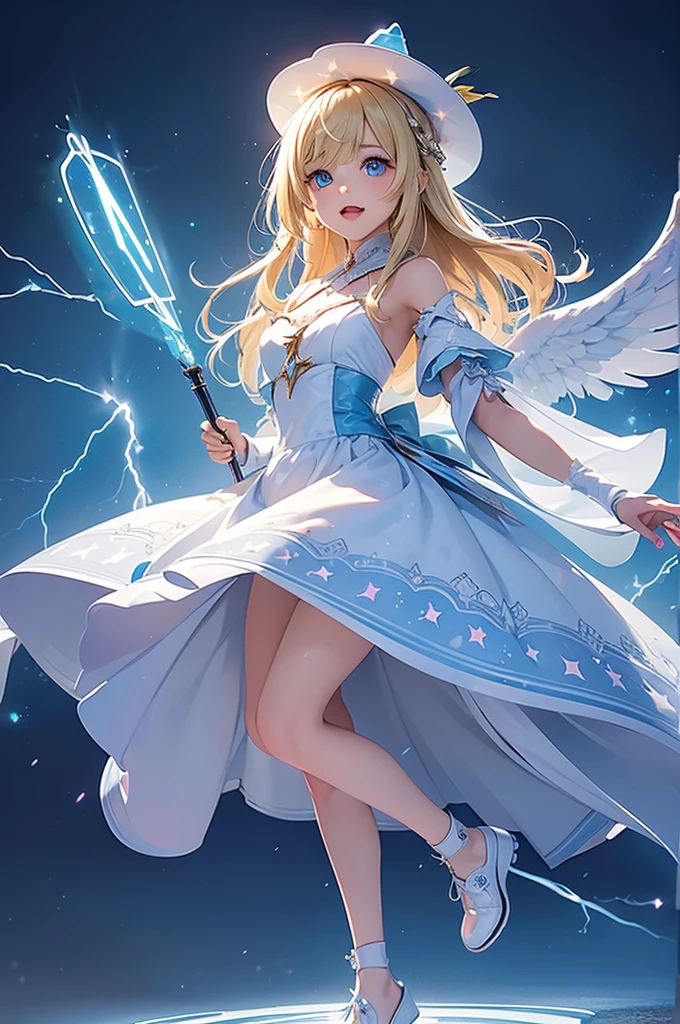 (masterpiece:1.2), best quality, (illustration:1.2), (Ultra Detailed), Super Detail, (Delicate and meticulous), (Intricate details), （（Witch Hat）），(light, best quality Backlights), Deleting a row, soloist, Perfect body, (1 girl), one (((Adult Girls))) standing, Wearing her (((Glass shoes))), 发射one (((Bioluminescence))) 投射one (((Dynamic lightning pattern))), Accompanied (((Sparkling spots))), exist (((White Dress))), and (((Flashing beams))), Reflecting her (((Blonde side bangs))), and (((sharp, Reflective blue eyes)))., (cosmetic), High contrast, (Better lighting, one极其创造and美丽的), (light), Gorgeous,electrical arcs，Magic Circle，wht1,Absolute area,Open mouth smile,Beautiful background,best quality,masterpiece，Angel Girl, young，，Blonde with wings, Hart neckline，Holding a staff