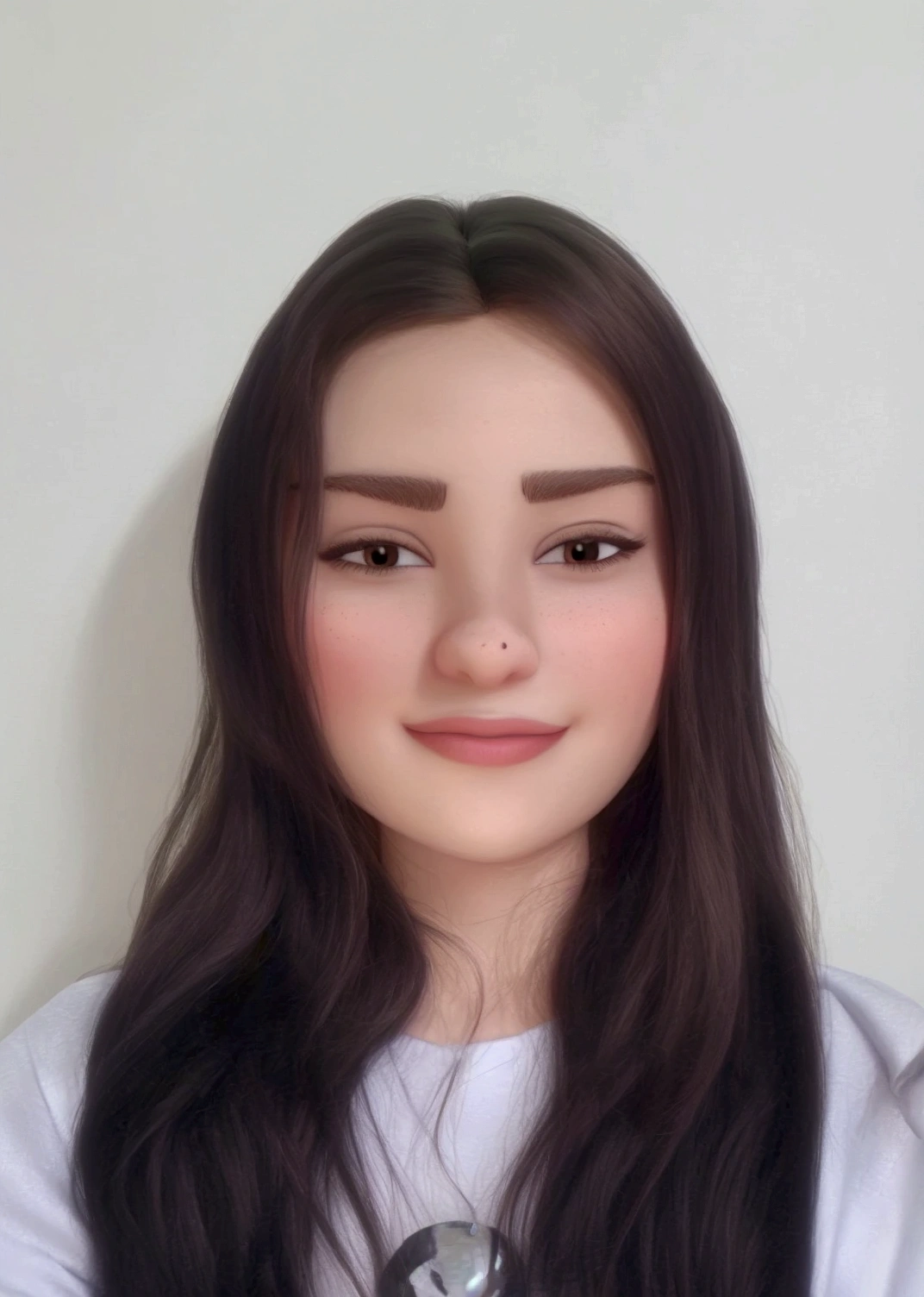 beautiful woman with dark brown hair and brown eyes wearing a white shirt disney pixart style