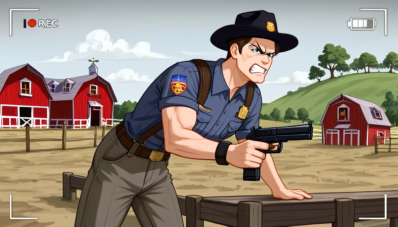 An angry hen with a pistol in its hand is coming towards the camera, it is on a farm, surrounded by enemy hens, Full HD, Best Quality