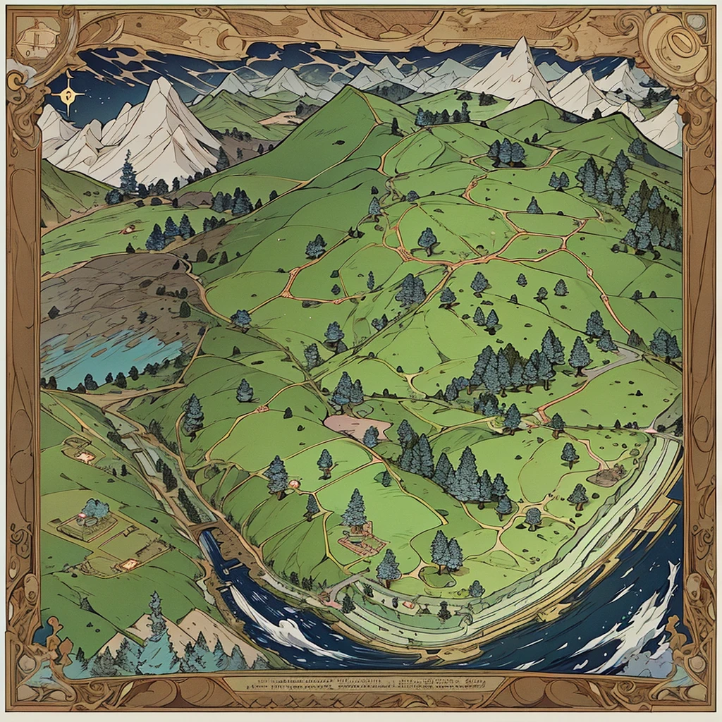 An ancient geographical map of a dark forest with strange markings. The forest has a strange shape similar to the outline of the city. Three thin rivers of time are marked there. Which cross the forest and stretch further.
There are five narrow roads that stretch along the forest and have branches. Also marked on the map: statue of the goddess of magic, tree of the dead, house, the small poisonous lake is shaped like an anatomical heart, waterfall of memories, the cave of the ancients and the meadow of eternal sleep. Which stretch along the road scattered all over the map.
Outlines of towns and villages can be seen outside the forest. Similar to a map from computer games or fantasy books. The map is schematic, hand drawn in black ink on parchment
