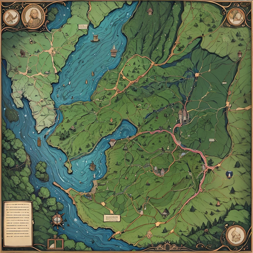 An ancient geographical map of a dark forest with strange markings. The forest has a strange shape similar to the outline of the city. Three thin rivers of time are marked there. Which cross the forest and stretch further.
There are five narrow roads that stretch along the forest and have branches. Also marked on the map: statue of the goddess of magic, tree of the dead, house, the small poisonous lake is shaped like an anatomical heart, waterfall of memories, the cave of the ancients and the meadow of eternal sleep. Which stretch along the road scattered all over the map.
Outlines of towns and villages can be seen outside the forest. Similar to a map from computer games or fantasy books. The map is schematic, hand drawn in black ink on parchment