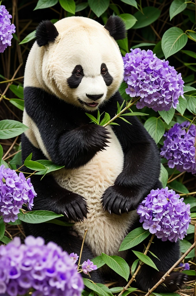 Panda bear with violet flowers