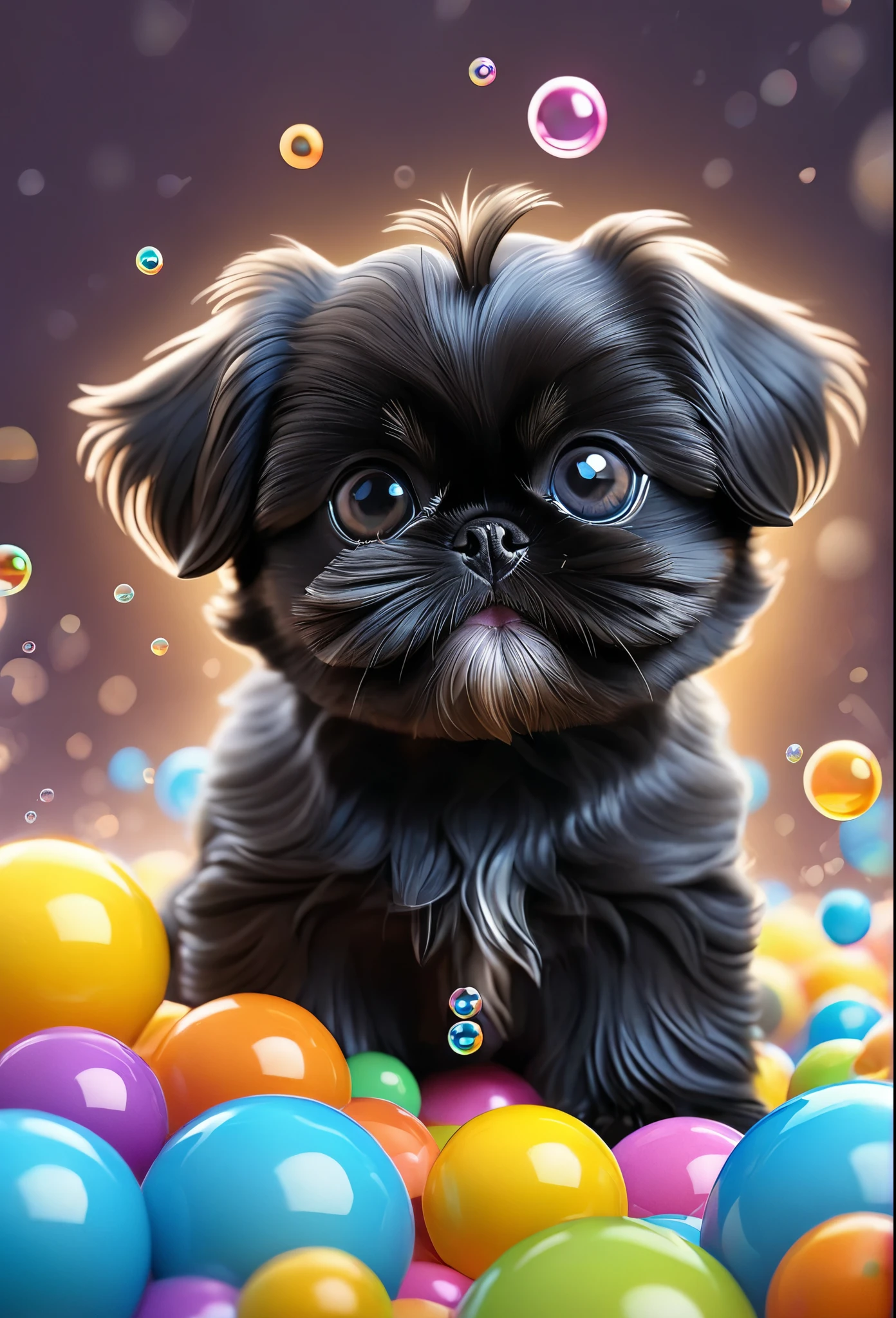 a tiny solid black shih tzu puppy, big bright blue eyes, wearing goggles and collars, covered in shampoo bubbles, happy, playful, vibrant colorful bubbles in background,(best quality,4k,8k,highres,masterpiece:1.2),ultra-detailed,(realistic,photorealistic,photo-realistic:1.37),puppy,dog,animal,adorable,cute,bubbles,shiny,glossy,vibrant colors,colorful,playful,happy,warm lighting,soft focus,shallow depth of field,detailed texture