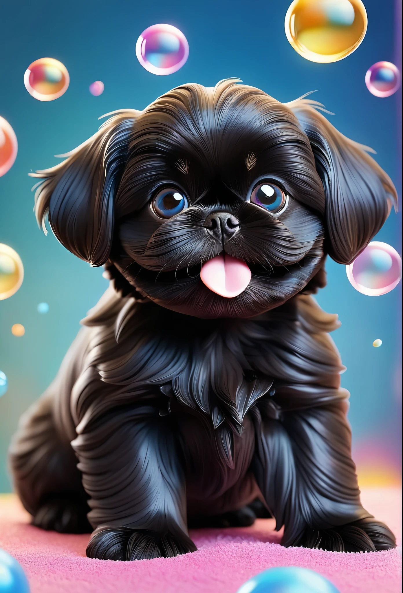 a tiny solid black shih tzu puppy, big bright blue eyes, wearing goggles and collars, covered in shampoo bubbles, happy, playful, vibrant colorful bubbles in background,(best quality,4k,8k,highres,masterpiece:1.2),ultra-detailed,(realistic,photorealistic,photo-realistic:1.37),puppy,dog,animal,adorable,cute,bubbles,shiny,glossy,vibrant colors,colorful,playful,happy,warm lighting,soft focus,shallow depth of field,detailed texture