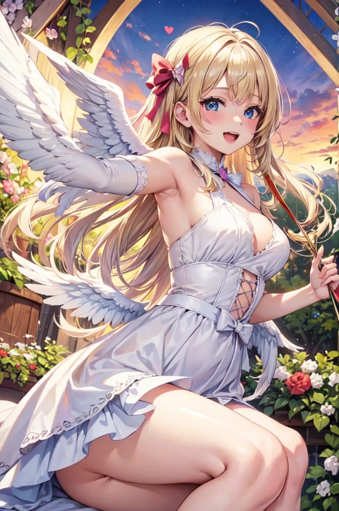 wht1,Absolute area,Open mouth smile,Beautiful background,best quality,masterpiece,Angel Girl, young,,Blonde with wings, Heart neckline,Holding a bow and arrow