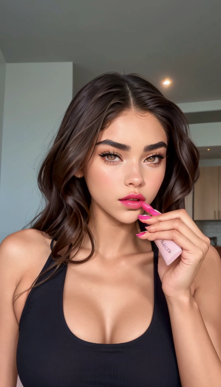 Arafed woman applying lip gloss to her lips., madison beer, olivia blame, Dua Lipa, putting on lipgloss, bright lips, sexy lips, Cara sexy, soft devil queen madison beer, full bright lips, perfect lips, trembling lips, lipgloss, perfect olive skin, smoothed lip line, thick lips