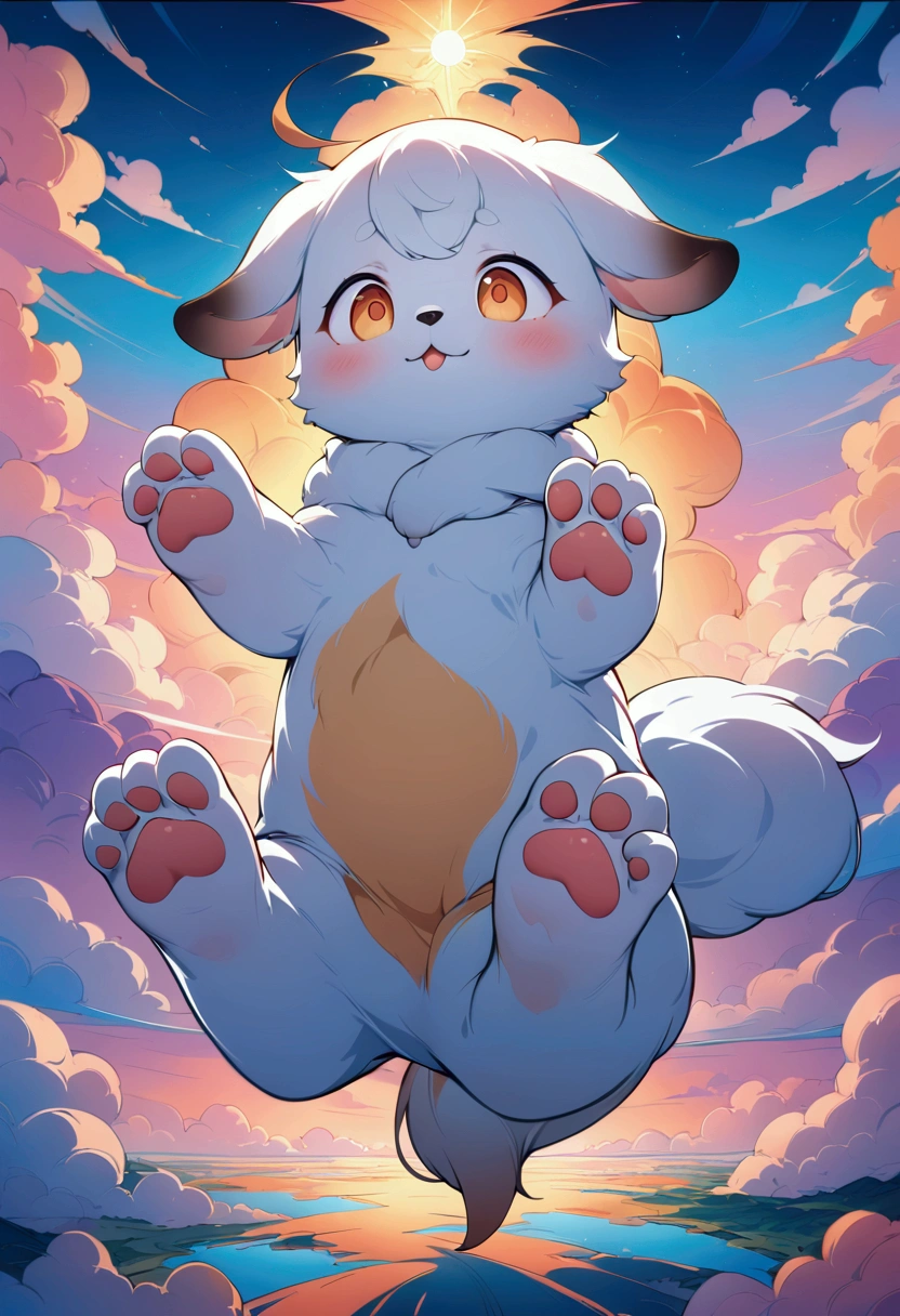 1dog, Flying Puppy, in the middle of the sky, in the sky, a cute puppy flying in the sky, fluffy fur, big eyes, adorable expression, against a colorful sunset sky, (4k,8k,highres:1.2), ultra-detailed, highly detailed, intricate details, soft lighting, warm colors, magical realism, fantasy, masterpiece, best quality, very aesthetic, absurdres