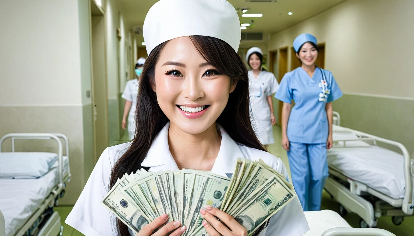 a diabolique japanese nurse in the hospital with lots of money smiling