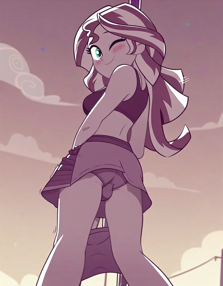explicit, solo, bra, sunset_shimmer, standing_backwards, cute, cute face, awww, butt, bend down, equestria_girls, breasts, clothes, female, big_tits, looking at you, strip club, skirt, skirt lift, offscreen character, cartoon, panties, male_pov, bulge_male_pov, twitching, briefs, unzipping, open fly, wink, blushing, smiling, show accurate, vector