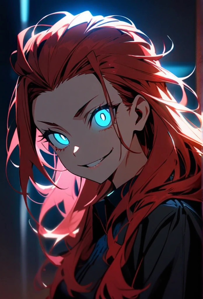 Handsome, solo, 1 girl, red hair, cyan eyes, 1 girl, beautiful, long hair, detailed, Hair Slicked Back, Messy Hair, Hair Over Shoulder, Glowing Light, Bright Pupils, Smirk, Wide-Eyed, Evil Smile, Amber Eyes, cyan blue eyes 