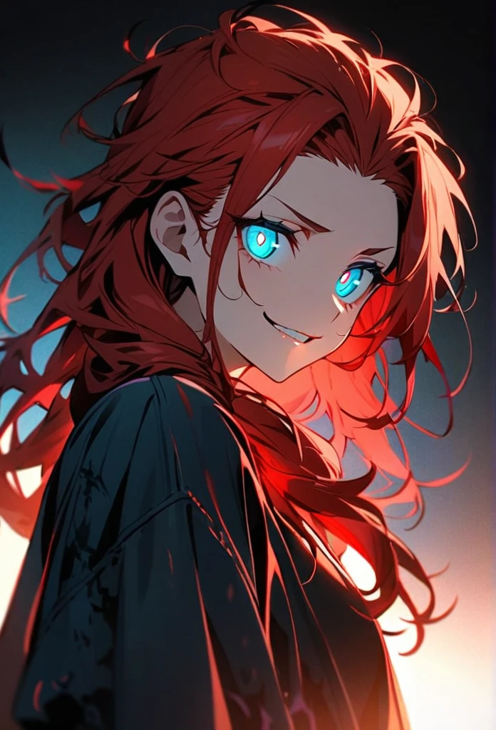 Handsome, solo, 1 girl, red hair, cyan eyes, 1 girl, beautiful, long hair, detailed, Hair Slicked Back, Messy Hair, Hair Over Shoulder, Glowing Light, Bright Pupils, Smirk, Wide-Eyed, Evil Smile, Amber Eyes, cyan blue eyes